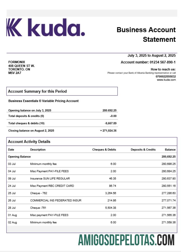 Imprimível Reino Unido Kuda Enterprise Account Statement Word And PDF model